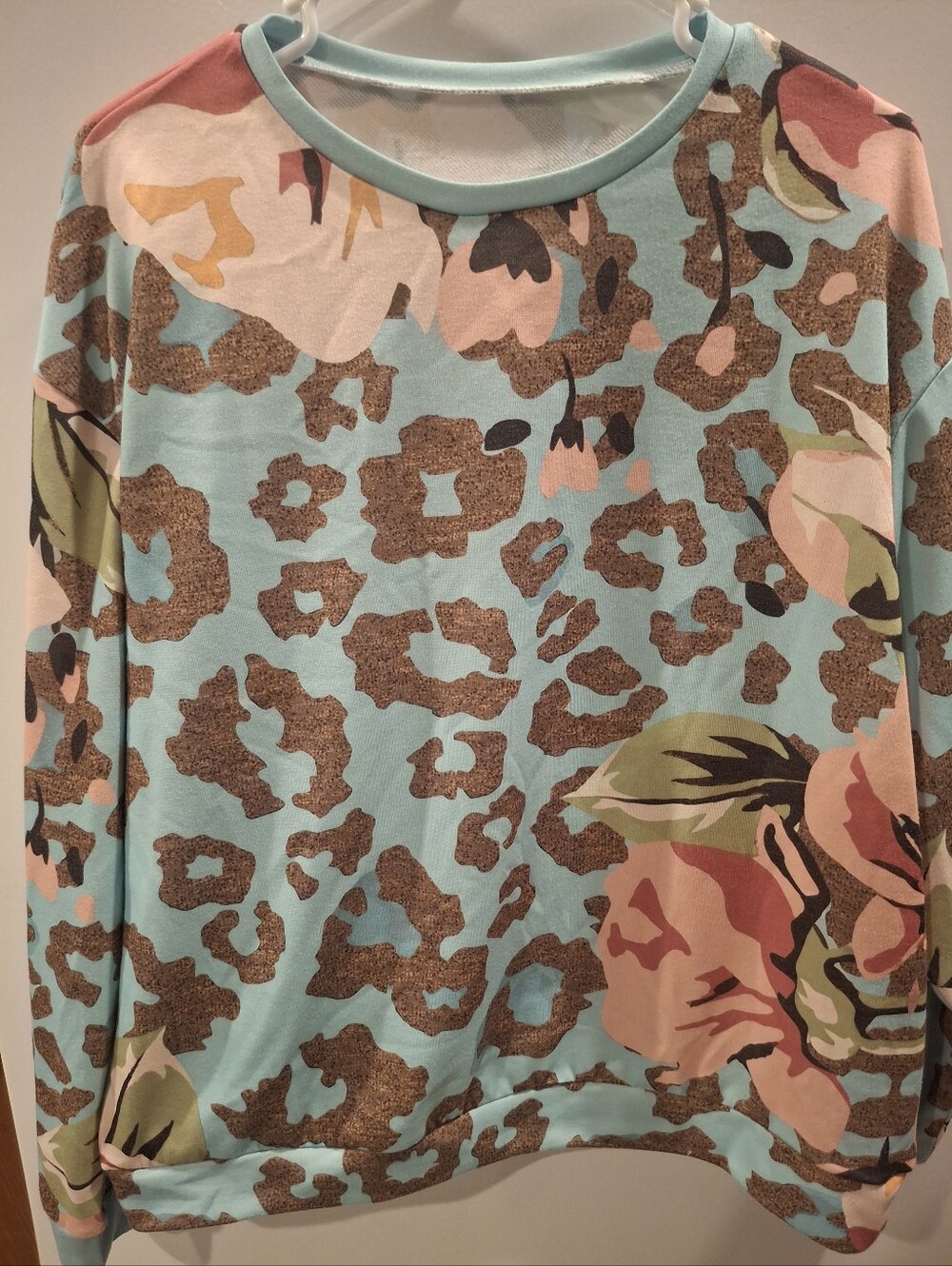 Womens Floral Leopard Print Long Sleeve Top - Blue